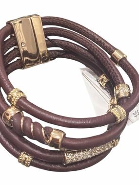 White House Black Market Maroon Leather Multi-Strand Bracelet with Gold 178
